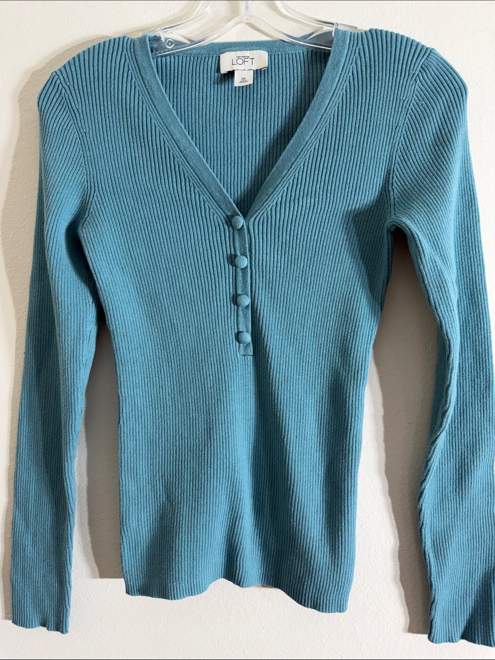 LOFT Teal Ribbed V-Neck Button Front Sweater